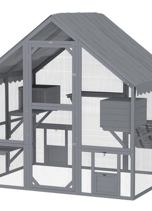 Wooden Catio Outdoor Cat Enclosure with Waterproof Cover, 2 Condos, 4 Platforms, Bridge, Doors, Gray
