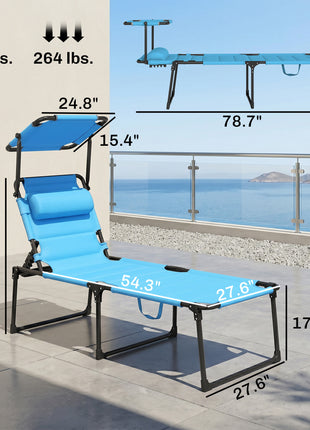 Outdoor Lounge Chair, 4 Position Adjustable Backrest, Folding, Cushioned w/ Sun Shade Roof & Pillow, Blue