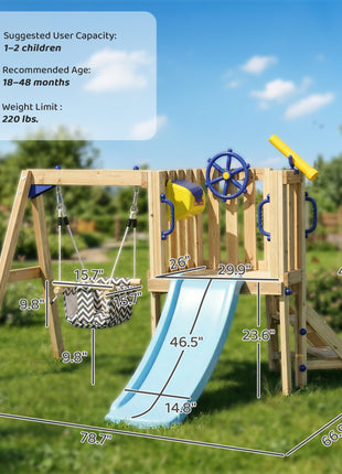 Swing Set for Backyard, Wooden Toddler Outdoor Playset with Baby Swing Seat, Kids Slide, Fort, Natural