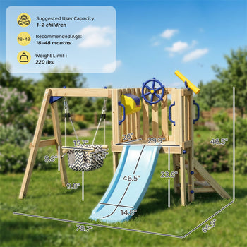 Swing Set for Backyard, Wooden Toddler Outdoor Playset with Baby Swing Seat, Kids Slide, Fort, Natural