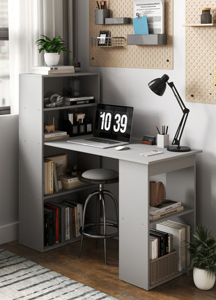 Compact Computer Desk with 6-Tier Storage Shelves, Writing Table Workstation with Bookshelf for Home Office, Gray