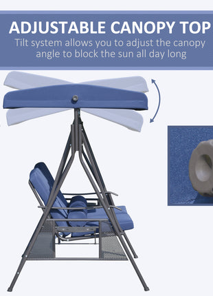 2-Person Patio Swing Bench with Adjustable Shade Canopy, Soft Cushions, Throw Pillows and Tray, Dark Blue