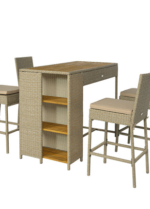 5 Piece Wicker Outdoor Bar Set, Acacia Wood Outdoor High Top Table and Chairs with 3 Tier Shelves, Cushions, Brown