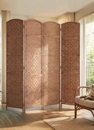 Room Divider 4 Panel, 6FT Tall Folding Privacy Screen, Freestanding Hand-Woven Partition for Room Separation with 360° Hinges, Paper Rope Diamond Weave, Natural