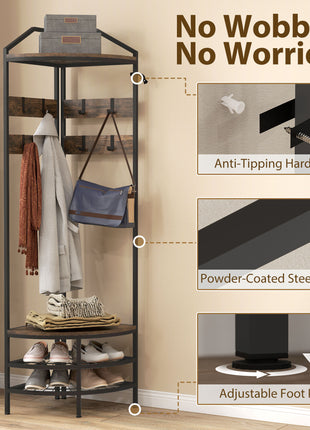 Corner Hall Tree, Industrial 4-Tier Coat Rack with Shoe Storage, 8 Movable Hooks and 2 Shelves for Hallway, Rustic Brown