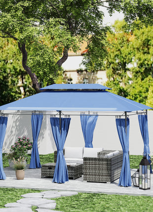10' x 13' Double Roof Patio Gazebo, Outdoor Gazebo with Curtains, for Garden, Lawn, Backyard and Deck, Dark Blue