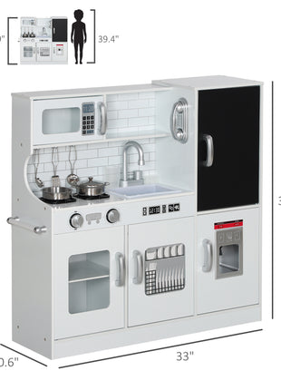 Pretend Play Kitchen, Kids Kitchen Playset with Play Phone, Chalkboard, Towel Rack & Ice Maker for 3-8 Years White