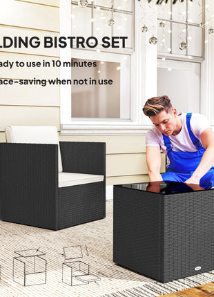 Folding Wicker Bistro Set, 3 Piece Patio Furniture Set with Cushions and Glass Coffee Table for Porch, Balcony, Black