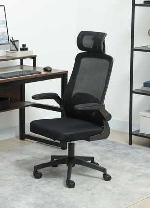Mesh Office Chair, Ergonomic Desk Chair with Flip-up Armrest, Rotatable Headrest, Adjustable Lumbar Support, Black