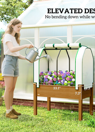 Raised Garden Bed with PE Greenhouse Cover Outdoor Planter Box for Herbs and Vegetables, 35 x 22 x 47 inch, Brown