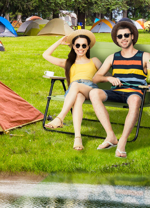 Double Folding Camping Chair, Loveseat for 2 Adults, Portable Camping Couch with Wood Armrest & Cupholders, for Backpacking, Beach, Sports Travel, Green