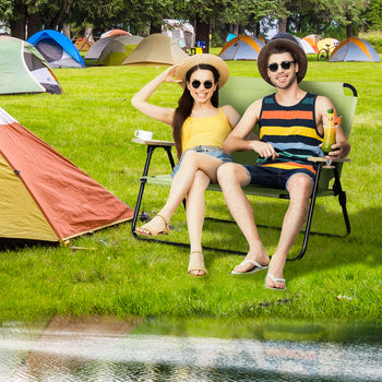 Double Folding Camping Chair, Loveseat for 2 Adults, Portable Camping Couch with Wood Armrest & Cupholders, for Backpacking, Beach, Sports Travel, Green