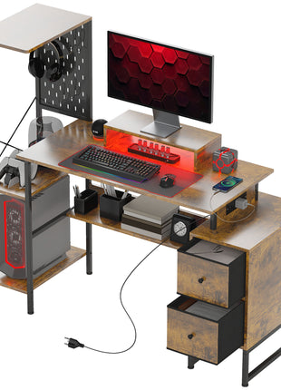 56" Computer Desk with Storage, Computer Table with Power Outlets and LED Lights, Rustic Brown