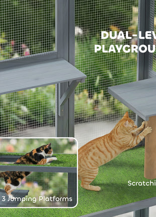 Catio Outdoor Cat Enclosure, 77" H Wooden Cat House with Weatherproof Roof, Platforms and Scratching Post