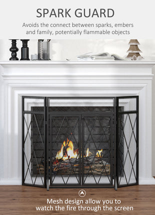 3-Panel Folding Fireplace Screen for Wood Burning with Double Doors, Home Heavy Duty Steel Fire Spark Guard, 47.25" W x 31" H, Black