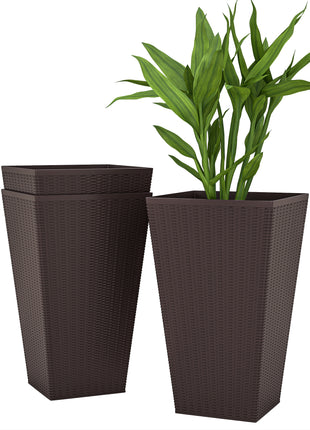Set of 3 Tall Planters with Drainage Hole, 24" Outdoor Flower Plant Pots, Indoor Planters for Porch, Front Door, Entryway, Patio and Deck, Brown