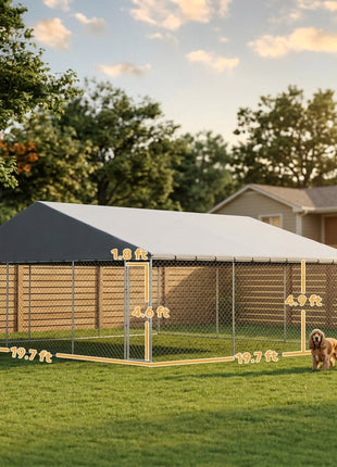 Heavy Duty Outdoor Dog Kennel with Waterproof Roof, Secure Latch, Chain Link Dog Run for Backyard, 19.7' x 19.7' x 8.9'
