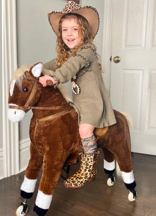 Kids Ride-on Walking Horse with Easy Rolling Wheels, Soft Huggable Body, & a Large Size for Kids 5-16 Years