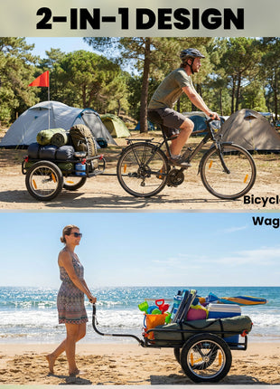 2-In-1 Bike Cargo Trailer & Wagon Cart, Multi-Use Bicycle Trailer with Quick Release 16" Pneumatic Wheels, Kickstand