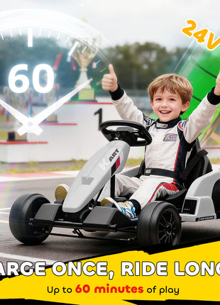 24V Electric Go Kart with Dual 150W Motors, Adjustable Seat & 11.2MPH High Speed, Slow Start, 5-Point Harness, White