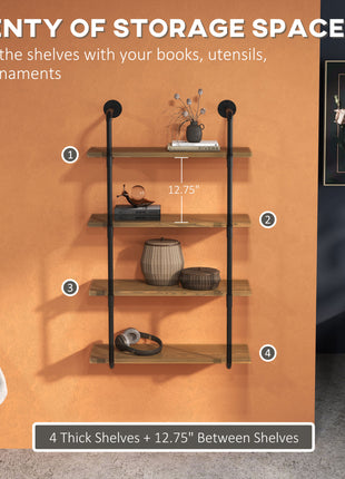 4-Tier Industrial Pipe Shelves Floating Wall Mounted Bookshelf, Metal Frame Display Rack, 1" Thickness Shelving Unit for Farmhouse, Kitchen, Bar, Rustic Brown
