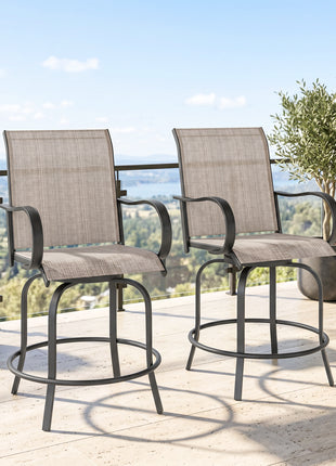Outdoor Bar Stools Set of 2, 360° Swivel Bar Height Chairs, 26.75" x 29.5" x 48.5", Tan