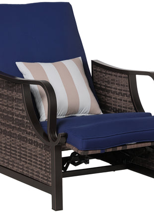 Outdoor Recliner Chair with Cushion, Rust-Resistant Aluminum Frames PE Wicker Patio Lounge Chaise Chair with Adjustable Reclining Backrest and Footrest, Pillow, Dark Blue