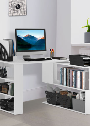 L Shaped Desk, Corner Computer Desk, 360 Degree Rotating Home Office Desk with Storage Shelves, Writing Table Workstation, White