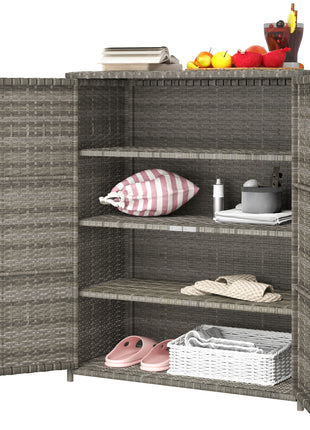 Rattan Wicker Outdoor Storage Cabinet with 4 Shelves and 2 Doors for Garden Pool Towel Storage, Mixed Gray