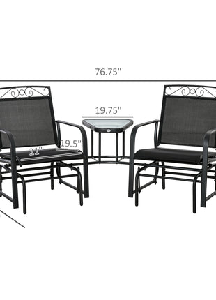 Outdoor Glider Chairs with Coffee Table, Patio 2-Seat Rocking Chair Swing with Breathable Sling for Backyard, Black