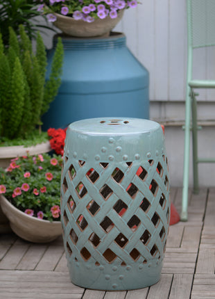 13" x 18" Ceramic Garden Stool with Woven Lattice Design & Glazed Strong Materials Decorative End Table, Antique Blue
