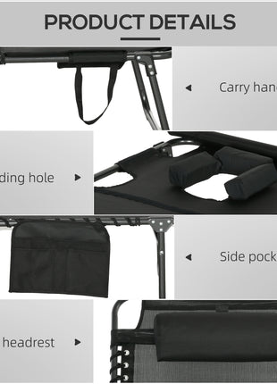 Folding Chaise Tanning Lounge Chair w/ 5-level Reclining Back, Reading Hole, Side Pocket, Headrest, Black