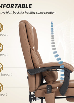Office Chair with Massage, Pet-Friendly Faux Leather Reclining Desk Chair with Lumbar Support, Footrest, Brown