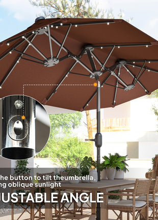 Double-sided Outdoor Patio Umbrella with Solar Lights and Base, Dining Table Umbrella Push Button Tilt, Coffee