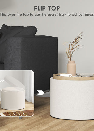 Round Storage Ottoman Coffee Table with Flip Top Tray, Linen Fabric Upholstered Footstool with Hidden Compartment
