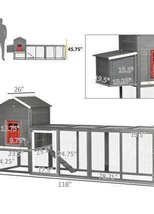 118" Extra Large Chicken Coop with Asphalt Roof, Wooden Hen Run with Slide-Out Tray and Nesting Box, Chicken Hutch for 3-6 Chickens, Gray