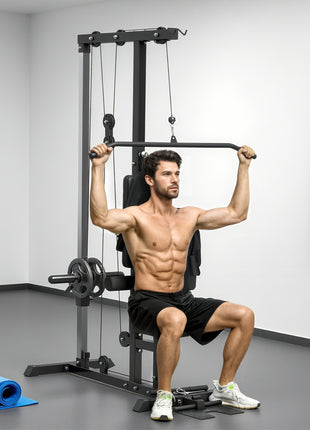 Lat Pull Down Machine, High / Low Pulley Machine with Adjustable Seat and Flip-Up Footplate, Black
