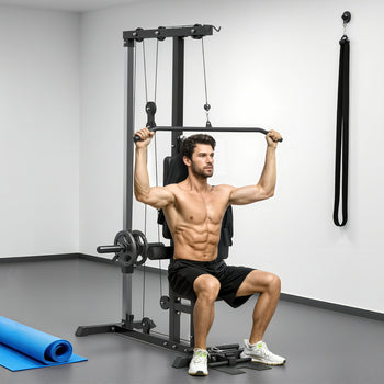 Lat Pull Down Machine, High / Low Pulley Machine with Adjustable Seat and Flip-Up Footplate, Black