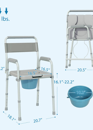 Bedside Commode Chair for Seniors, Adults, Handicap, Raised Toilet Seat with Arm, Adjustable Height, 331 lbs, Gray