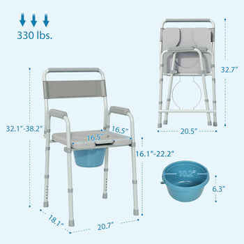 Bedside Commode Chair for Seniors, Adults, Handicap, Raised Toilet Seat with Arm, Adjustable Height, 331 lbs, Gray