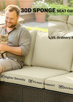 3 Seater Outdoor Couch Sofa, PE Wicker Patio Sofa, Wide Deep Seat, 4" Cushions, Wood-Effect Armrests Legs, Beige