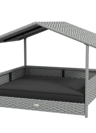 Wicker Dog House Outdoor with Canopy, Rattan Dog Bed with Water-resistant Cushion, Raised Pet Bed for Small, Medium Breeds up to 66 lbs, 20" in Length, Silver Wicker, Gray Cushion