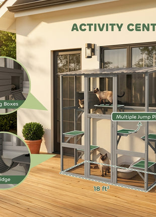 Catio Outdoor Cat Enclosure, Window Box Wooden Cat House with Bridge Platforms, Gray
