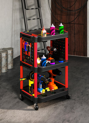 3-Tier Rolling Tool Cart, 200 LBS Capacity Plastic Utility Cart with Side Shelves for Garage, Workshop, Black and Red