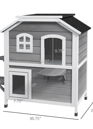  2-story Cat House Outdoor, Weatherproof Wooden Cat Enclosure for Feral Cats with Escape Door, Openable Roof, Jumping Platforms, Gray