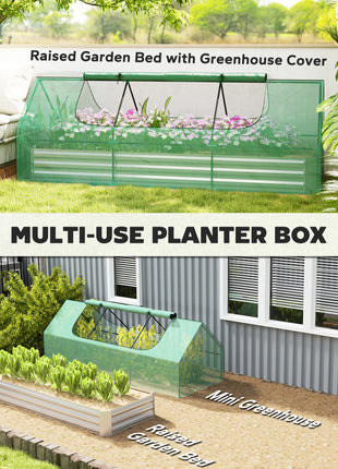 8.6 x 3 x 1ft Metal Planter Box with Mini Greenhouse, Galvanized Raised Garden Bed with Cover for Herbs and Vegetables, Small Greenhouse for Patio Garden Balcony, Green and Silver