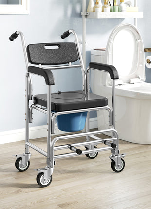 3-in-1 Shower Commode Wheelchair, Accessible Transport Commode Medical Rolling Chair, Black