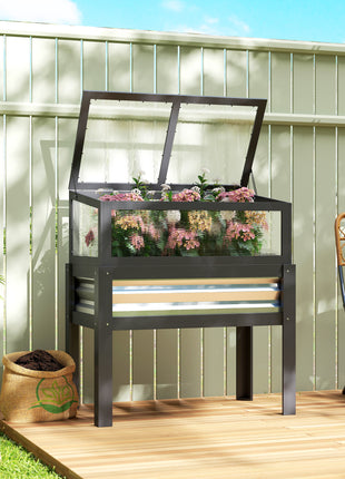 Raised Garden Bed with Flip-Up Mini Greenhouse, Elevated Planter Box with Legs and Bed Liner for Flowers, Vegetables