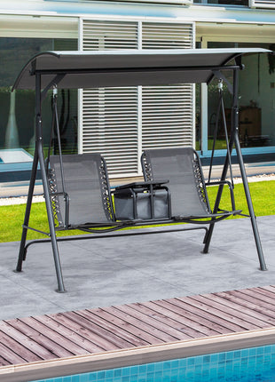 2-Seat Outdoor Porch Swing, with Pivot Storage Table, Cup Holder, & Adjustable Overhead Canopy, Stand's Skid-Resistant Feet Pad, Breathable Mesh Seat, Steel Frame, for Patio, Gray