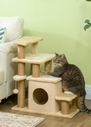 Adjustable Height 3 Step/4 Step Cat Stairs w/ Jute Cat Scratching Post, Cat Condo, Toy Ball, for Bed, Sofa, Couch, Beige